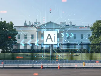 Image of the White House in DC with a hologram network and "AI" superimposed