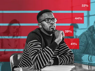 Photo collage showing a college student sitting at a desk in black and white against a blue-tinted background showing more students with red bar graphs