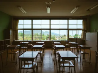 empty classroom with a large window in the background