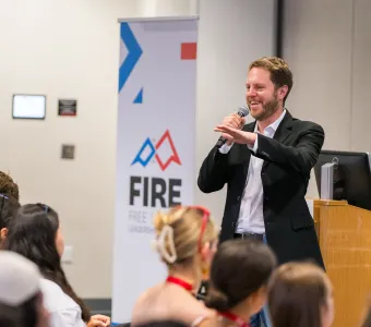 FIRE Legal Director Will Creeley speaking at the 2024 Free Speech Leadership Summit