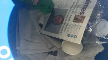 Stolen copies of student newspaper The Chimes pictured in a recycling bin on the campus of Capital University Oct. 25, 2019.