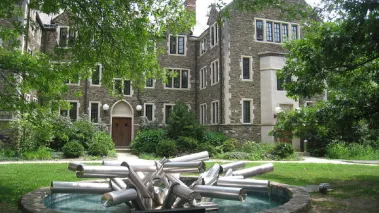 A fountain and building on Bard College's campus
