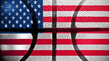 American Flag superimposed on basketball illustration