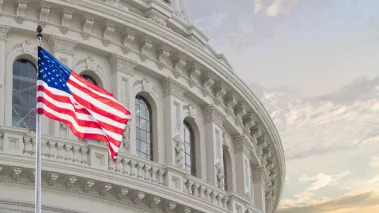 Flag in foreground of U.S. Capitol