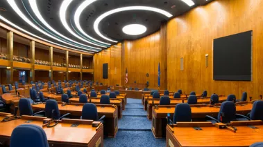 The North Dakota House of Representatives chamber with empty seats