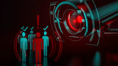 Giant camera with red light observes group of people as a metaphor of a surveillance system