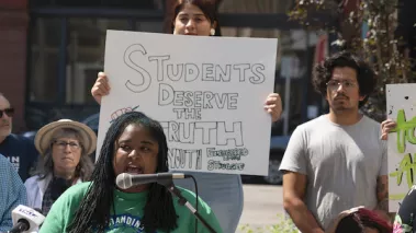 Protesters with the Milwaukee Teachers' Education Association attend the Teach the Truth rally in opposition to Republican legislation banning critical race theory in schools.