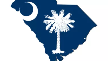 Illustration of the state of south carolina with the state flag overlaid containing a palm tree and crescent moon