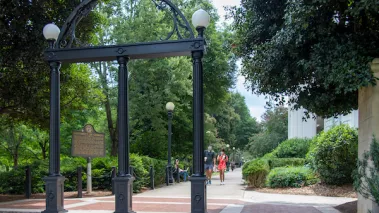 A view of the Arch and entrance to the University of Georgia's North Campus on the first day of classes of the Fall semester during the Coronavirus pandemic.