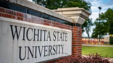 Main entrance sign to Wichita State University central campus