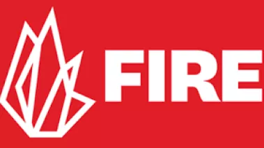 FIRE logo in all capital white letters against a red background
