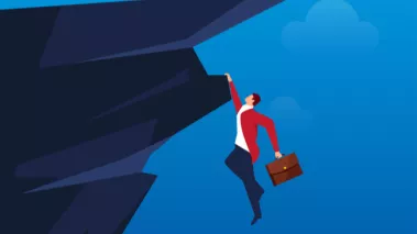 Professor hanging on a cliff.