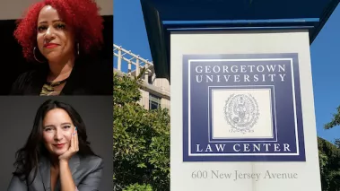 Georgetown University School of Law sign in front of main entrance to administrative building
