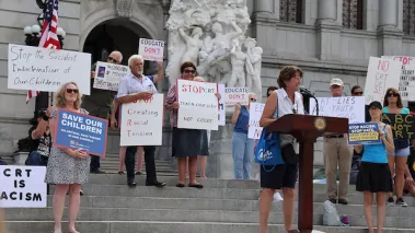 Protesters gather on the steps of the Pennsylvania State Capitol in July 2021 for the Rally to Stop Critical Race Theory in Pennsylvania Schools.