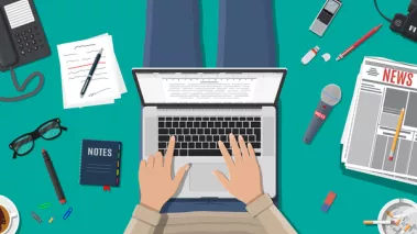 Illustration of a journalist typing on a laptop surrounded by reporting equipment.