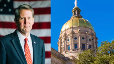 Georgia Gov. Brian Kemp and the dome of Georgia State Capitol.