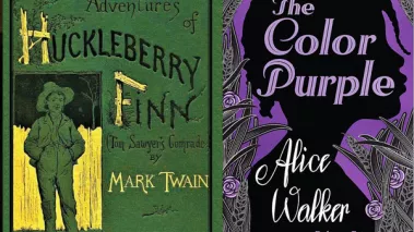 Book covers of "The Adventures of Huckleberry Finn" and "The Color Purple"