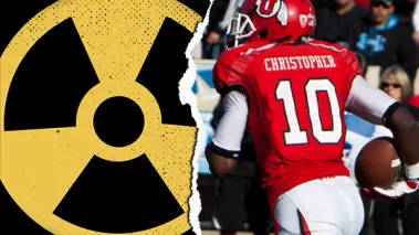 University of Utah football player next to a nuclear warning symbol