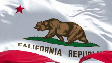 Close-up view of the California State flag waving in the wind 