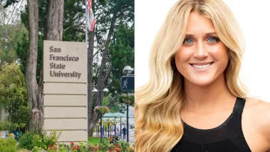 Sign reading San Francisco State University (left) and headshot of Riley Gaines (right)