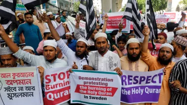 Bangladeshi Muslims protested after prayer to protest against the desecration of Al Quran in Sweden