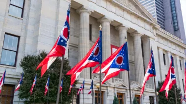 Ohio State Flags at the state capital in Capitol Square in Columbus