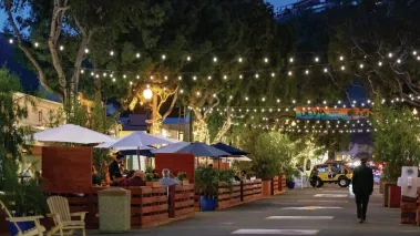 People walking down the Laguna Beach Forest Avenue Promenade 