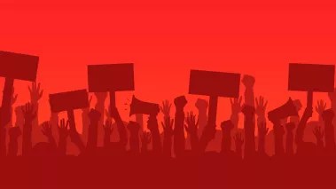 Crowd of protesters people. Silhouettes of people with banners and megaphones. Concept of revolution or protest. 