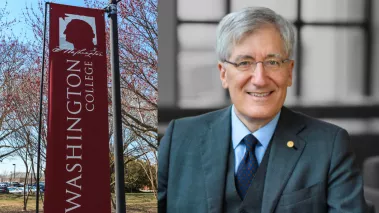 Washington College banner on campus and a headshot of Robert George