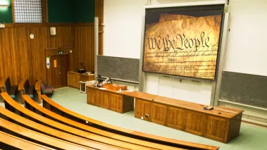 College classroom with the constitution on the projector screen 