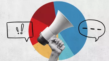 Person holding a megaphone with speech bubbles around it.