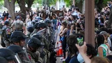Police lines and protestors meet at the University of Texas Austin campus