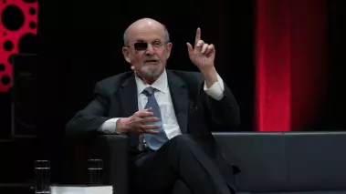 Salman Rushdie speaks at the 75th Frankfurt Book Fair in October 2023