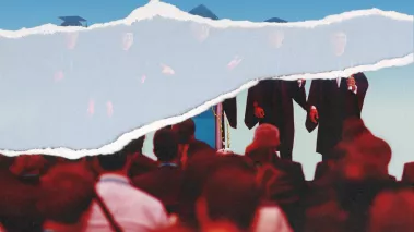 Illustration of a college graduation on a page but part of the page is ripped out