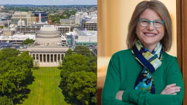 Aerial shot of MIT's campus next to image of MIT President Sally Kornbluth