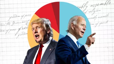 Donald Trump and President Joe Biden in front of a blue and red pie chart