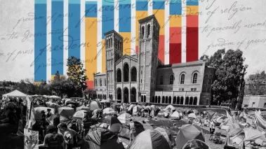 Black and white image of a protest on a college campus with blue, yellow, and red stacked bar graphs in the background