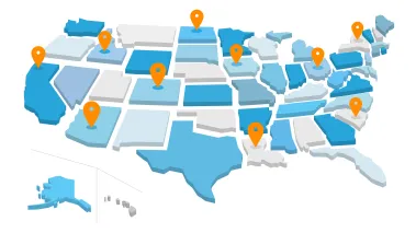 Map of the 50 United States with location pins