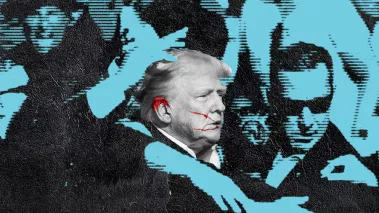 Stylized image of former President Donald Trump led off stage by Secret Service agents after an assassination attempt in Butler, Ohio, on July 13, 2024.
