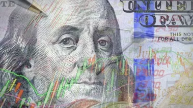 Hundred dollar bill overlaid with digital graphs