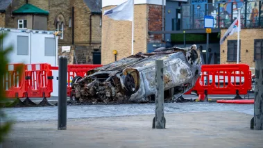 Aftermath of protests and riot in the city centre of Sunderland on the evening of 2nd August 2024. Car vandalised and set on fire.