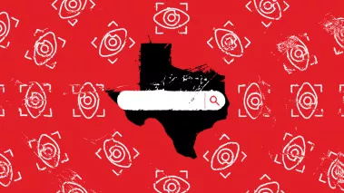 Black outline image of the state of Texas in the background with an internet search engine bar over it.