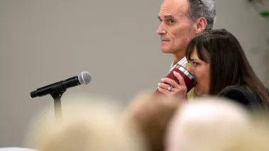 Former UW-La Crosse Chancellor Joe Gow and wife Carmen Wilson attend a disciplinary hearing at the University of Wisconsin-La Crosse