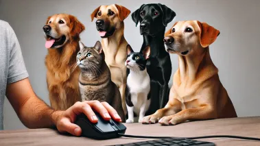 Person on a computer while dogs and cats look on attentively