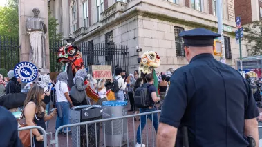 Pro-Palestinian protesters demonstrate outside of the entrance of Columbia University on the first day of school in New York on September 3, 2024