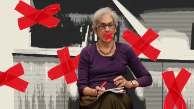 Penn professor Amy Wax with red tape over her mouth