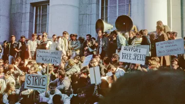 Signs in front of Sproul Hall on December 3, 1964