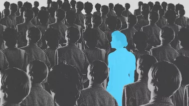 Blue silhouette pf person standing in monochrome crowd of people