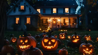 Pumpkins with carved faces arranged in front of a house at night
