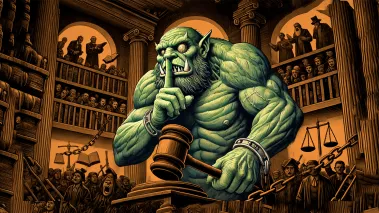 a green ogre shushing a crowd of people